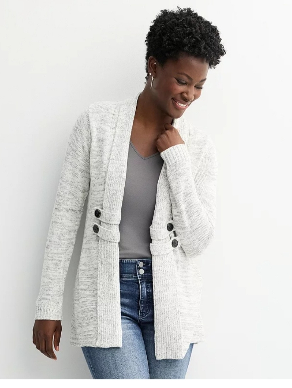 LMARBLED RED/BLACK Open-Front Knit Cardigan Sweater